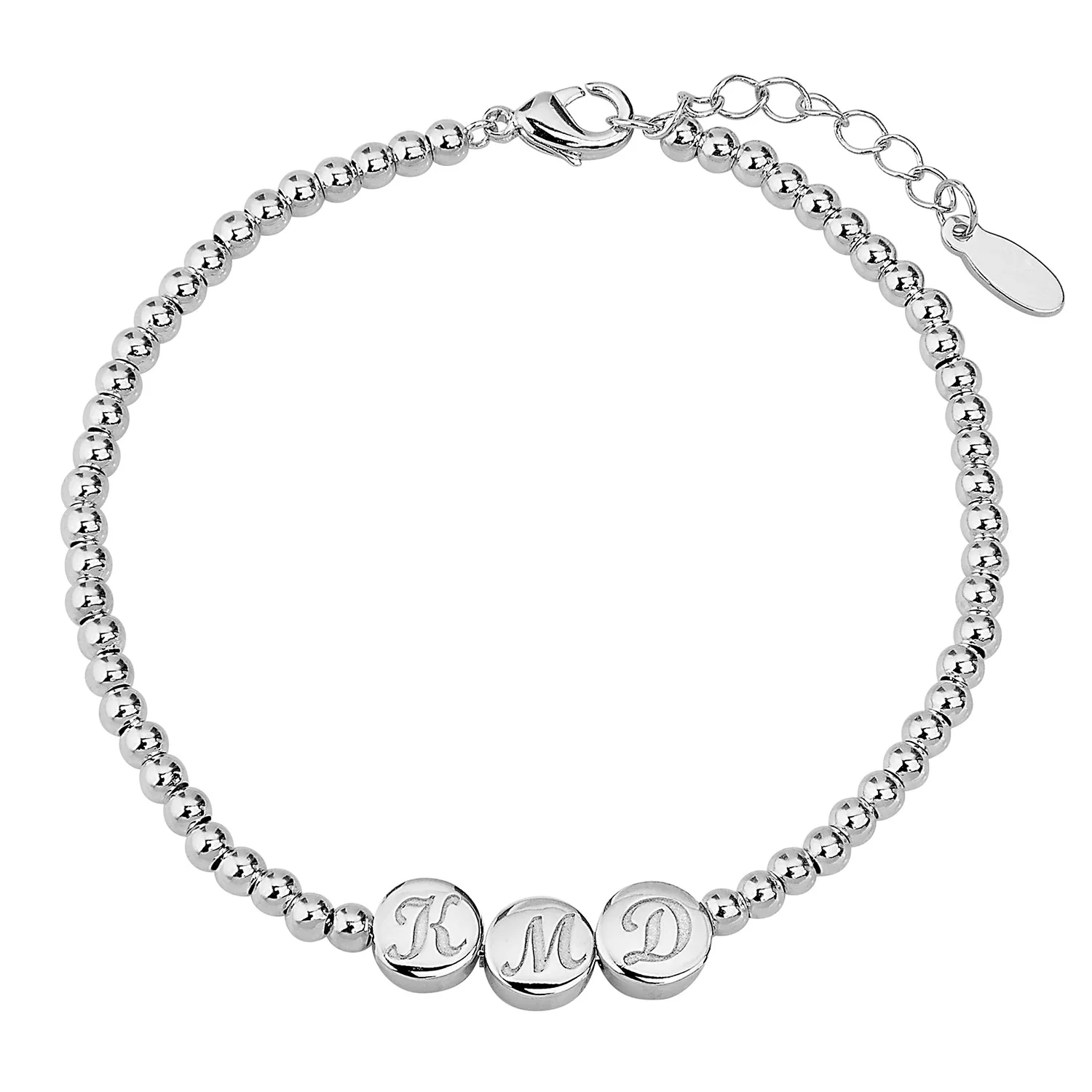 Engraved Script Initials Slider Charms Station Beaded Bracelet