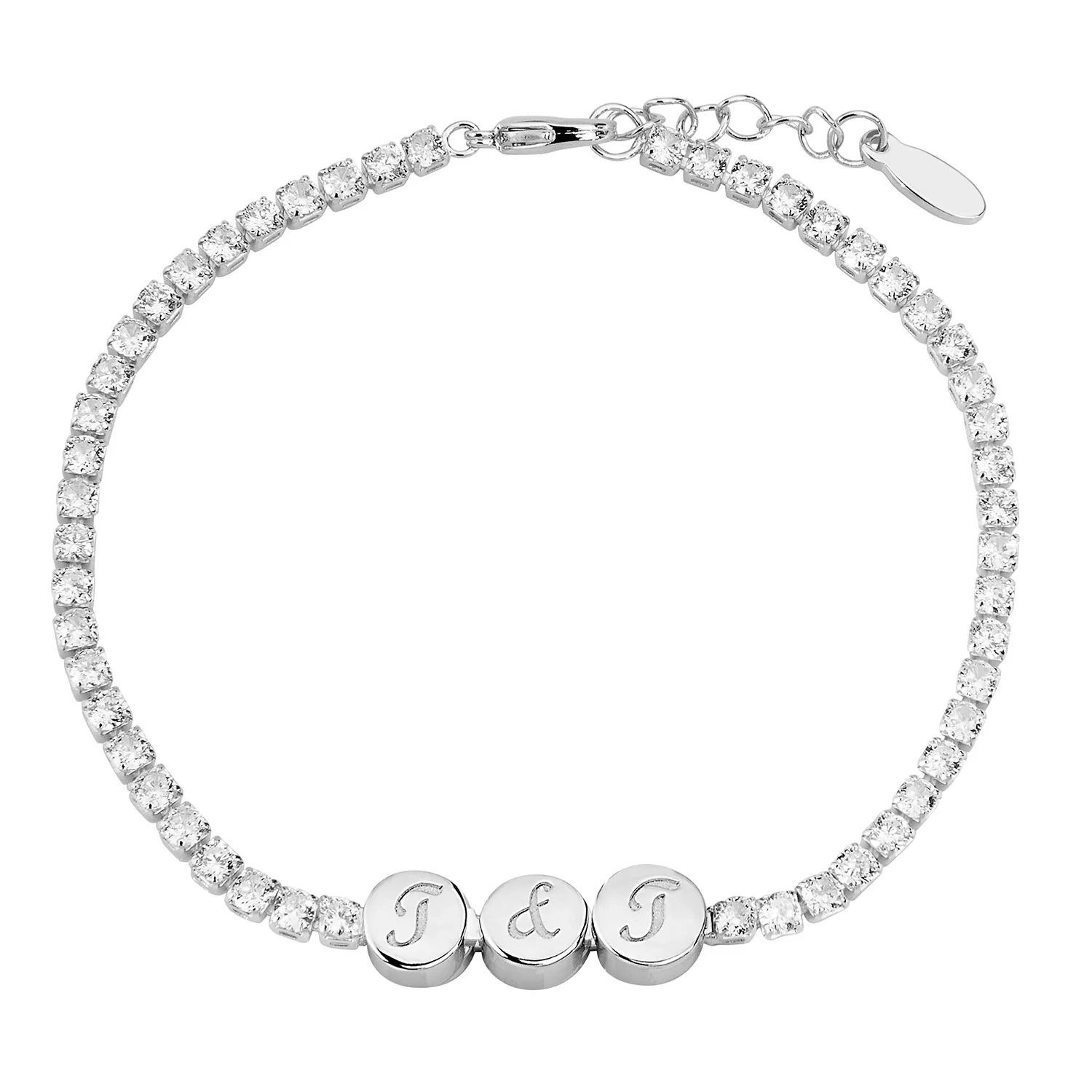 Engraved Script Initials Slider Charms Station CZ Tennis Bracelet