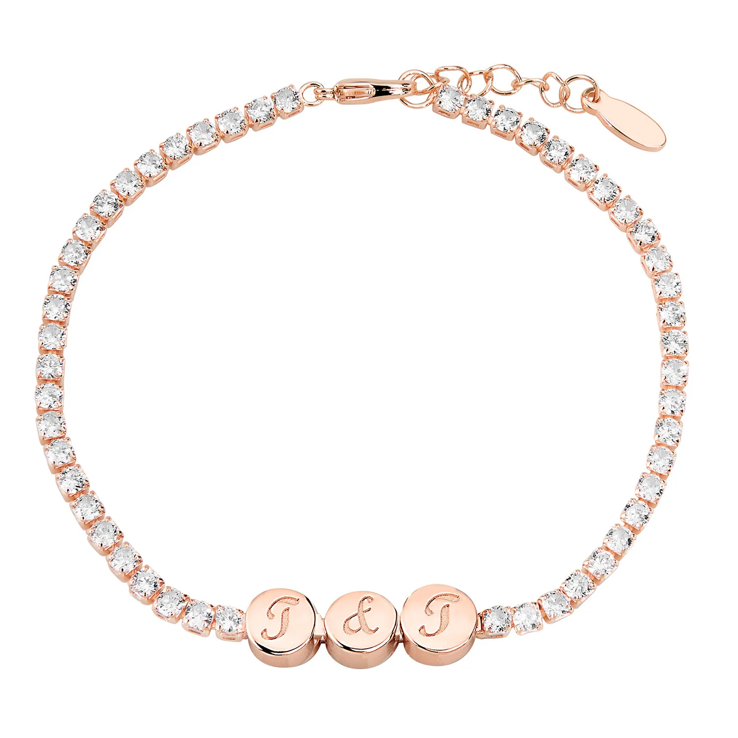 Engraved Script Initials Slider Charms Station CZ Tennis Bracelet - Image 5