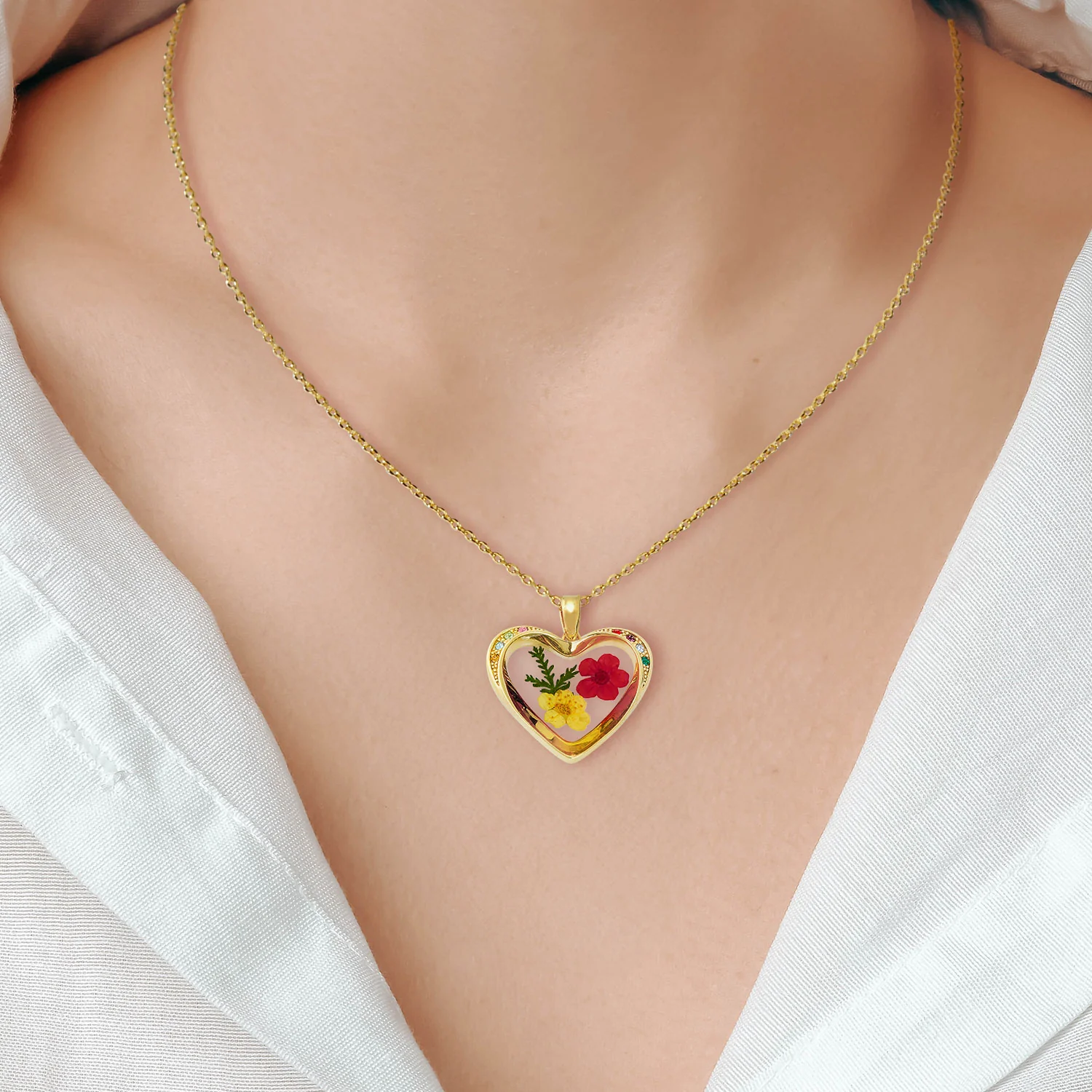 Family Birthstone and Dried Flower Heart Pendant Necklace - Image 3