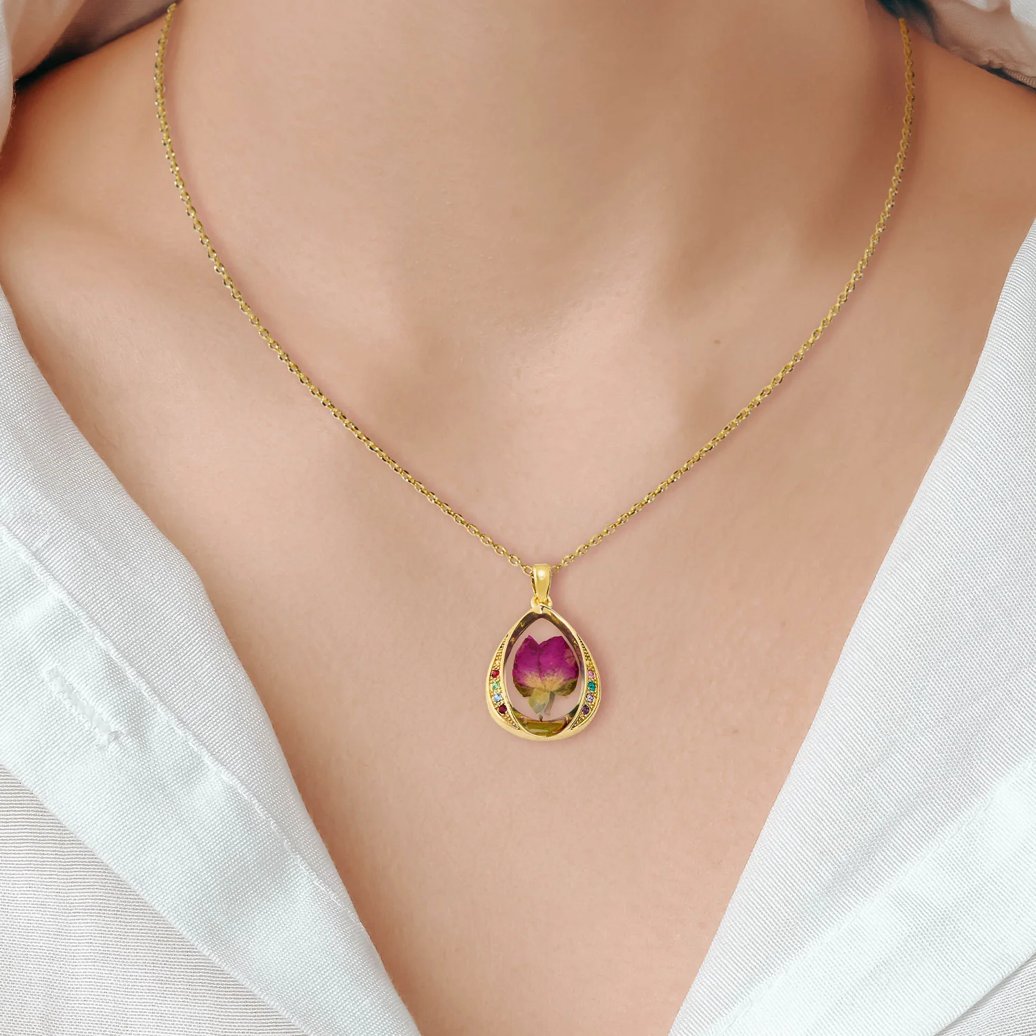 Family Birthstone with Dried Flower Teardrop Pendant Necklace - Image 3
