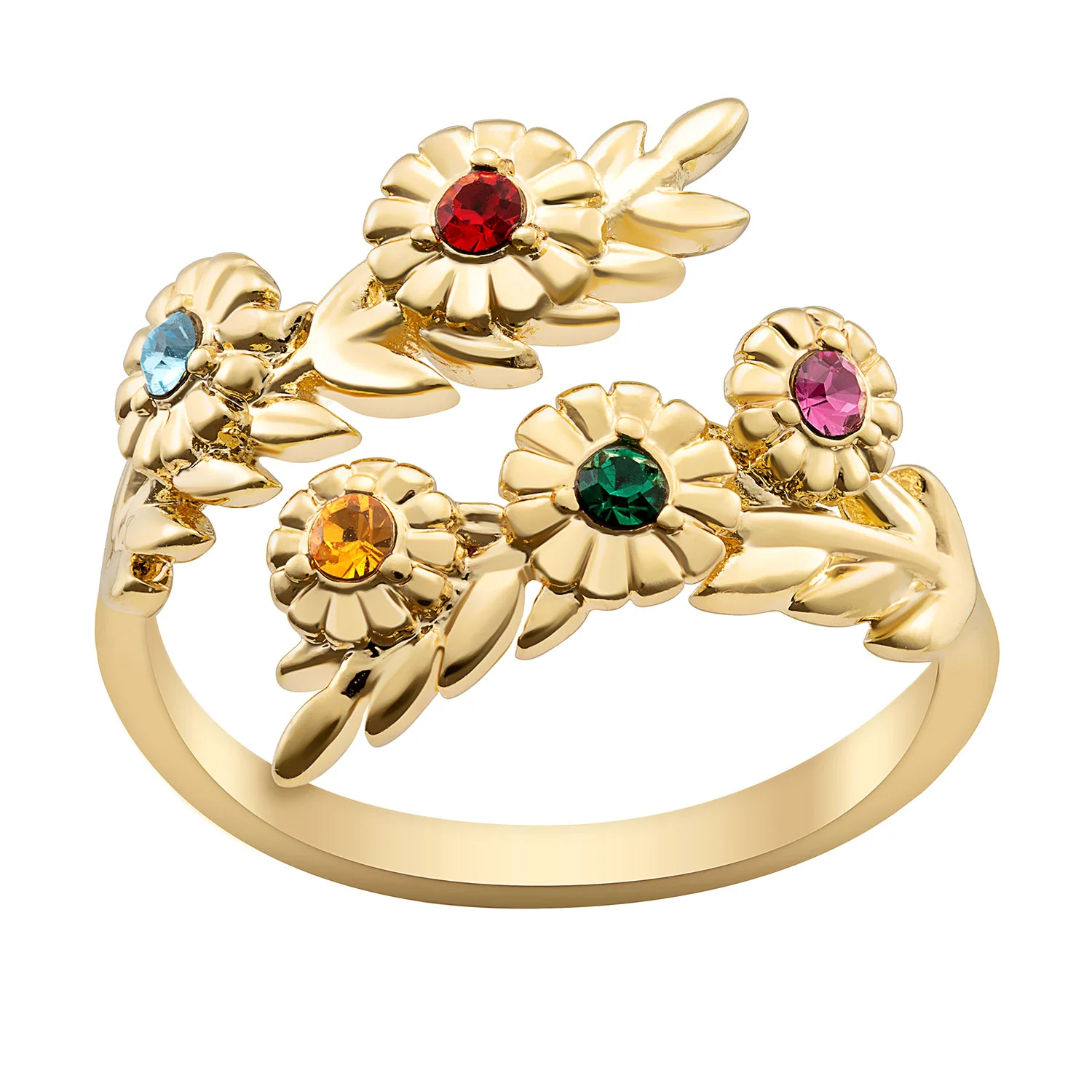 14K Gold Plated Family Flower Birthstone Bypass Ring