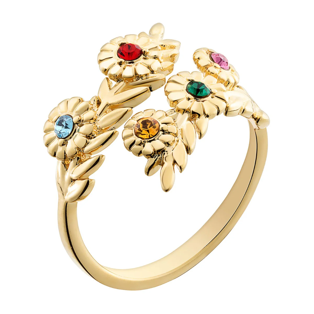 14K Gold Plated Family Flower Birthstone Bypass Ring - Image 2