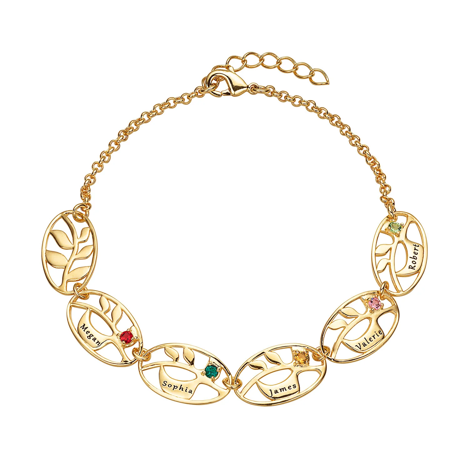 14K Gold Plated Family Name and Birthstone Leaf Bracelet