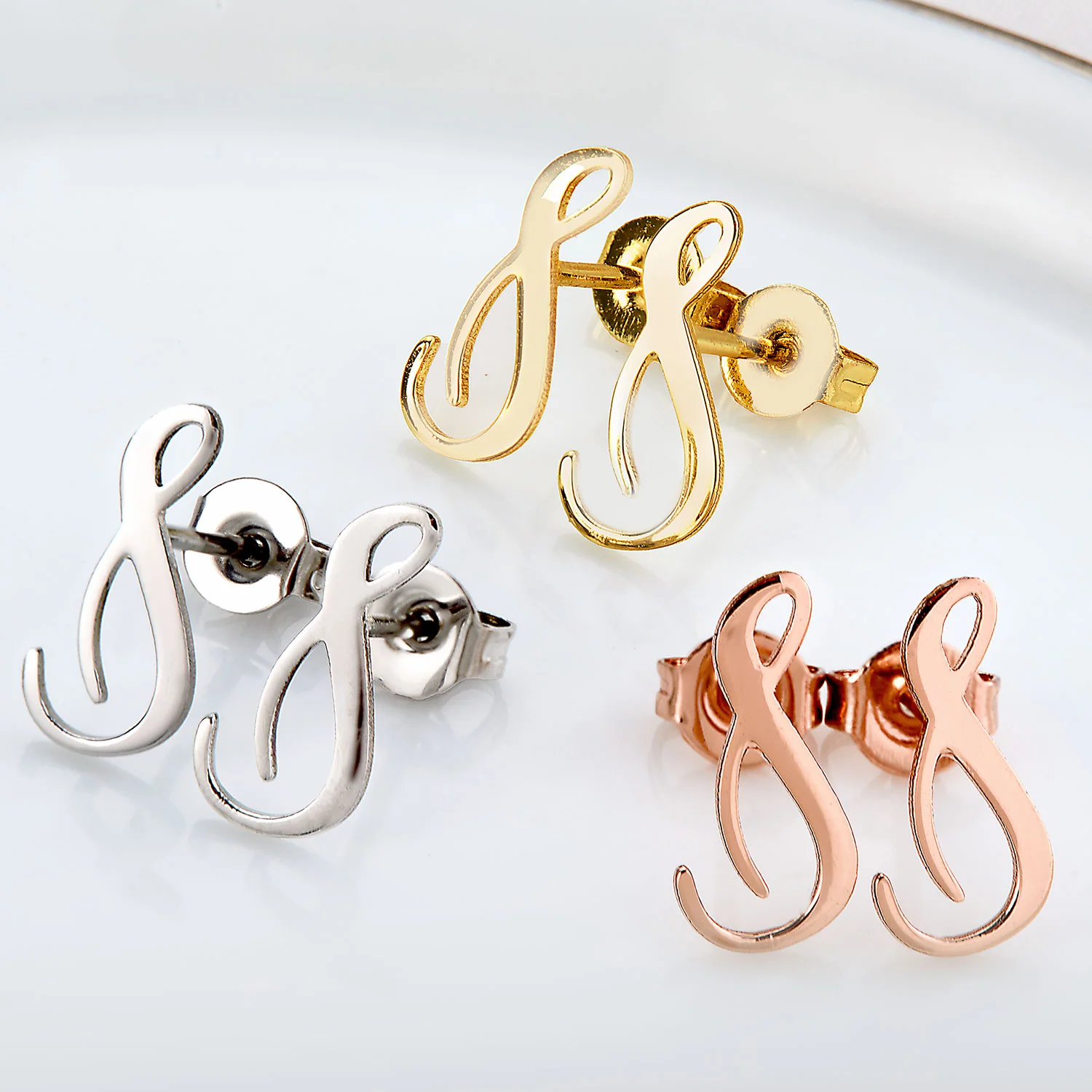Fancy Script Initial Button Earrings - Image 6