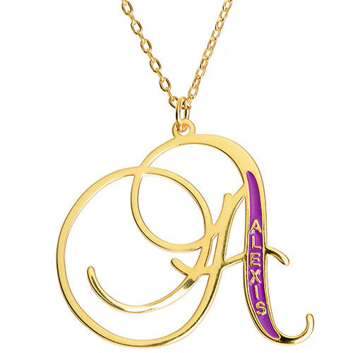Fancy Script Initial with Enamel Name Necklace - Image 4