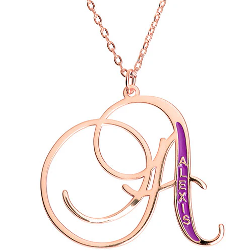 Fancy Script Initial with Enamel Name Necklace - Image 7