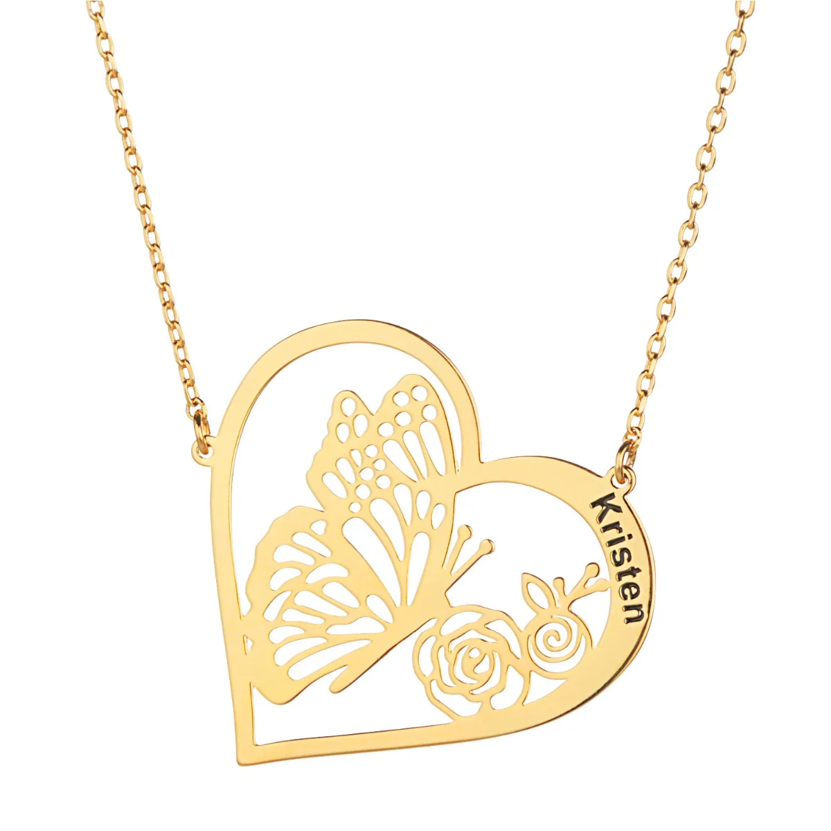 Filigree Butterfly Heart Engraved Name Necklace - Image 4