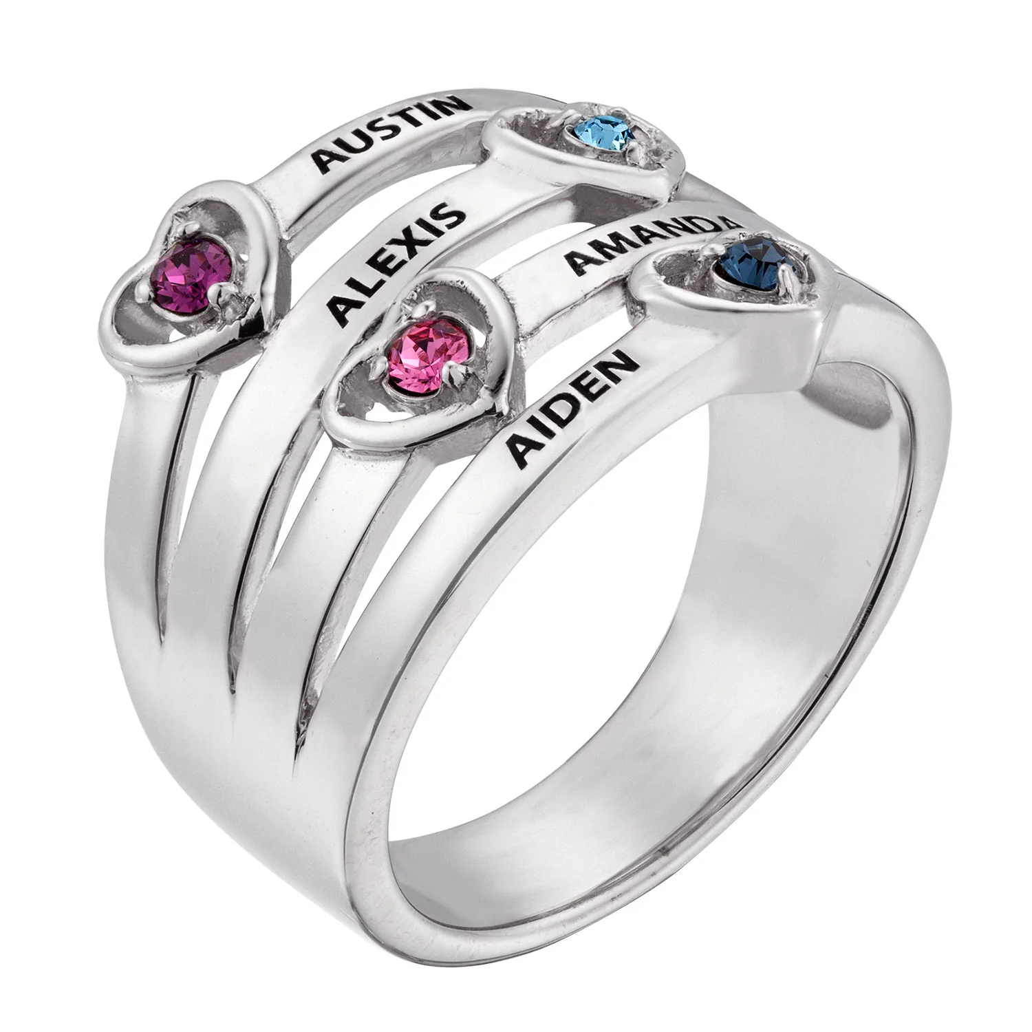 Floating Hearts Birthstones and Names Family Ring - Image 2