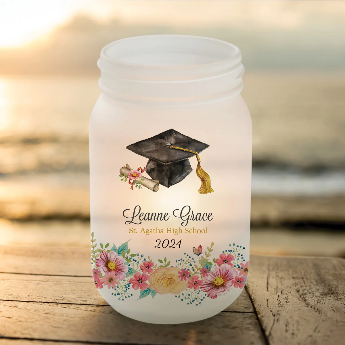 Floral Graduation Cap Personalized Frosted Mason Jar Votive Holder - Image 4