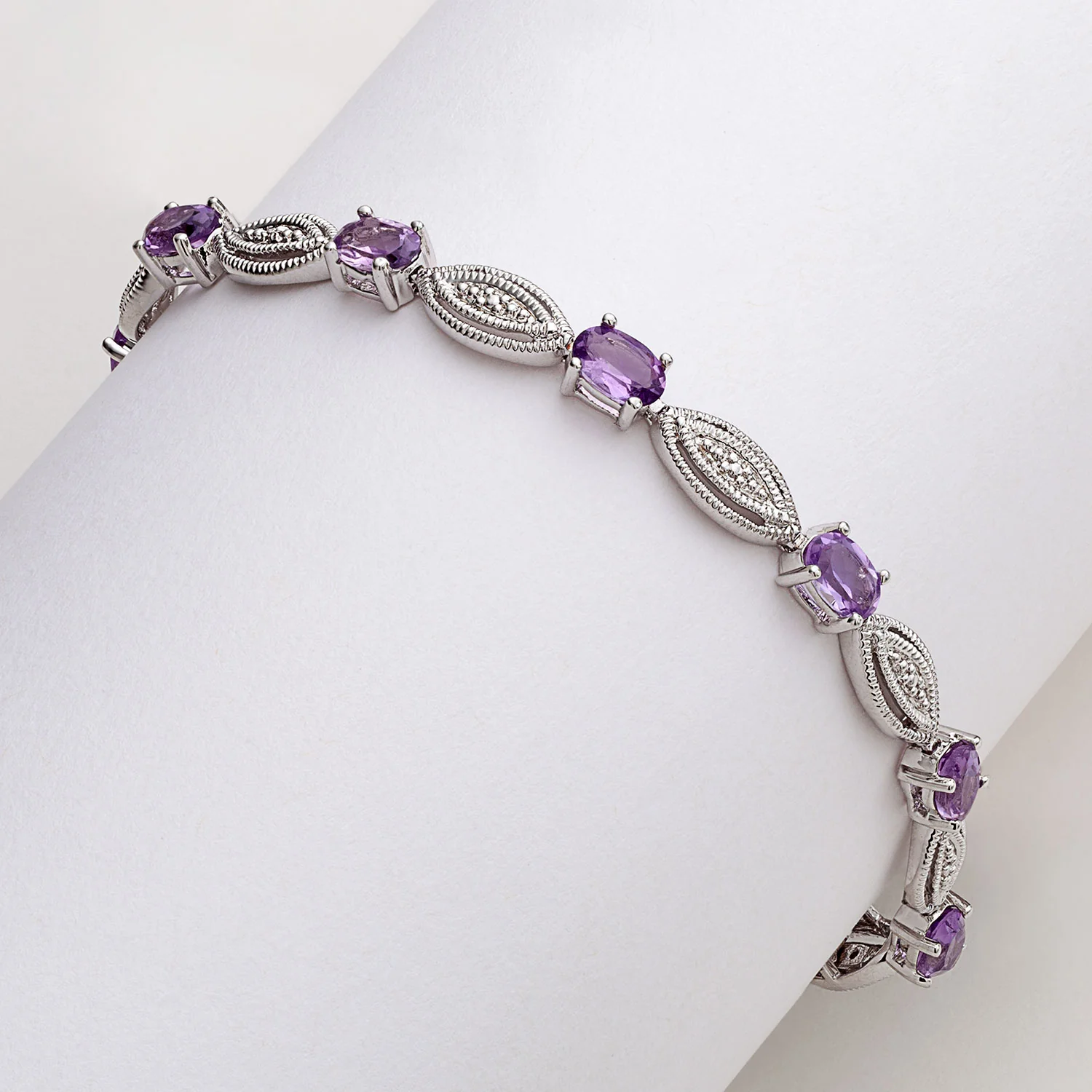 Genuine Amethyst and Diamond Accent 8in Bracelet and Earring Set - Image 2