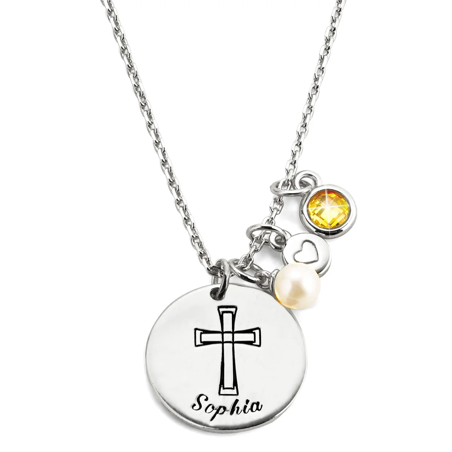 Girls' Sterling Silver Personalized Cross Birthstone Cluster Necklace - Image 2