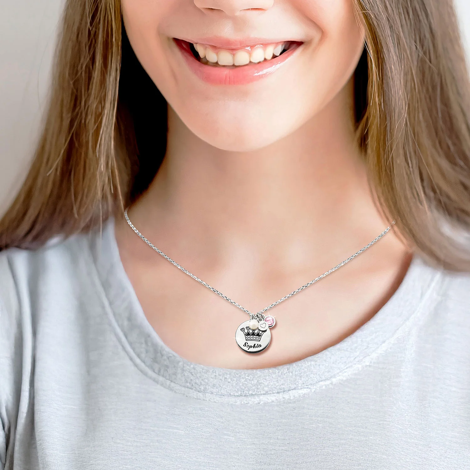 Girls' Sterling Silver Personalized Crown Birthstone Cluster Necklace - Image 3