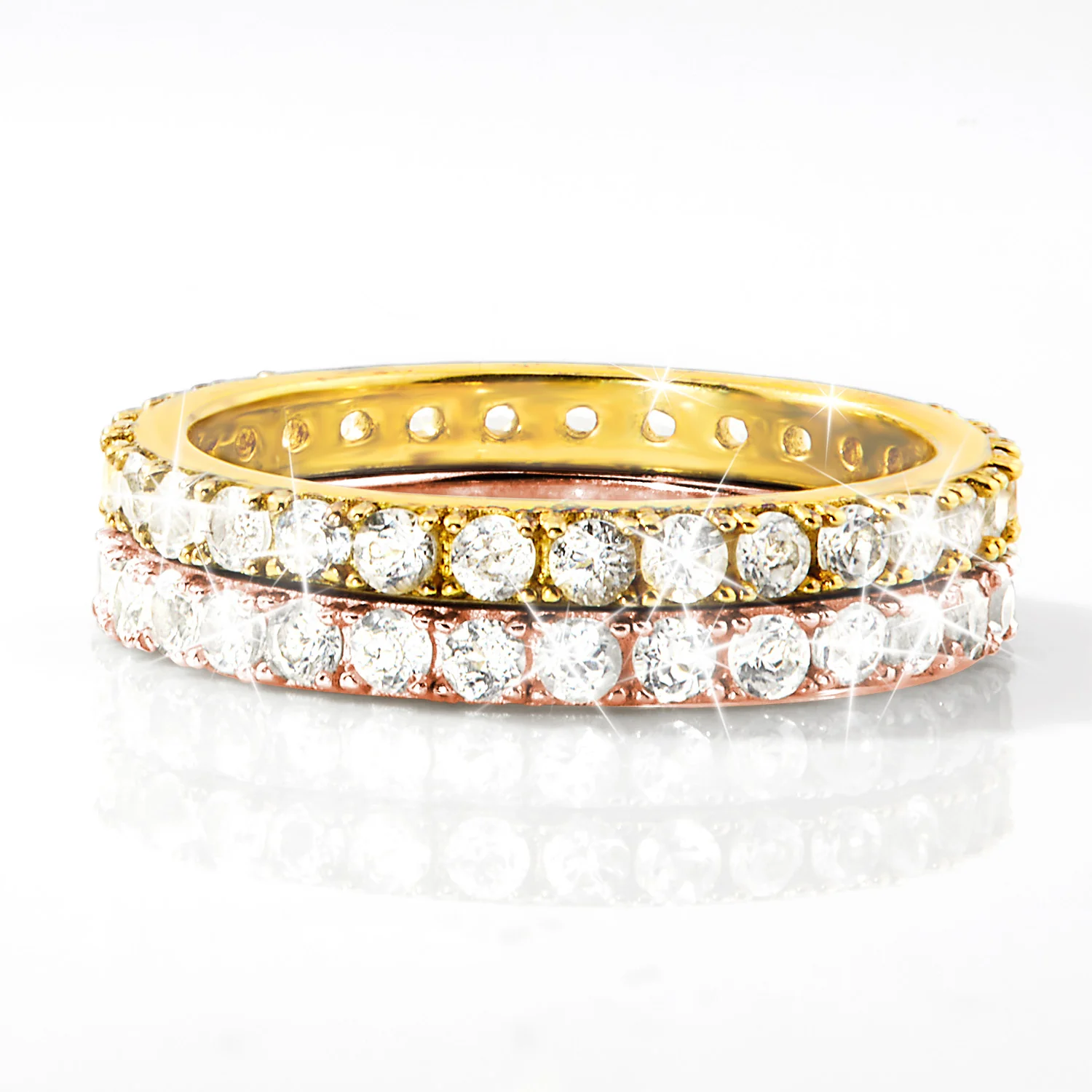 Gold and Rose Gold over Sterling White Topaz Eternity Band - 2pc Set