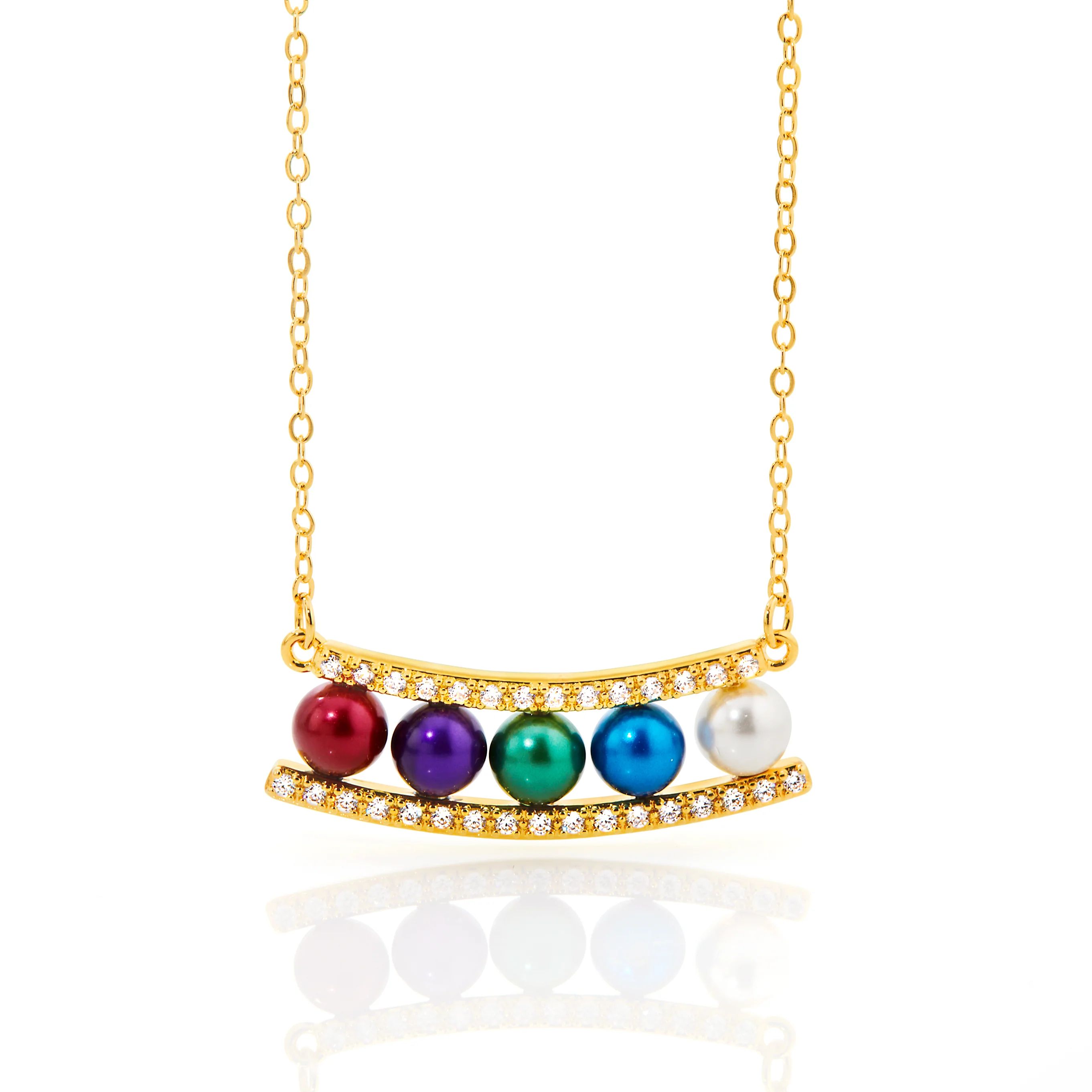 Gold Birthstone Pearl and Clear CZ Bar Necklace - Image 4