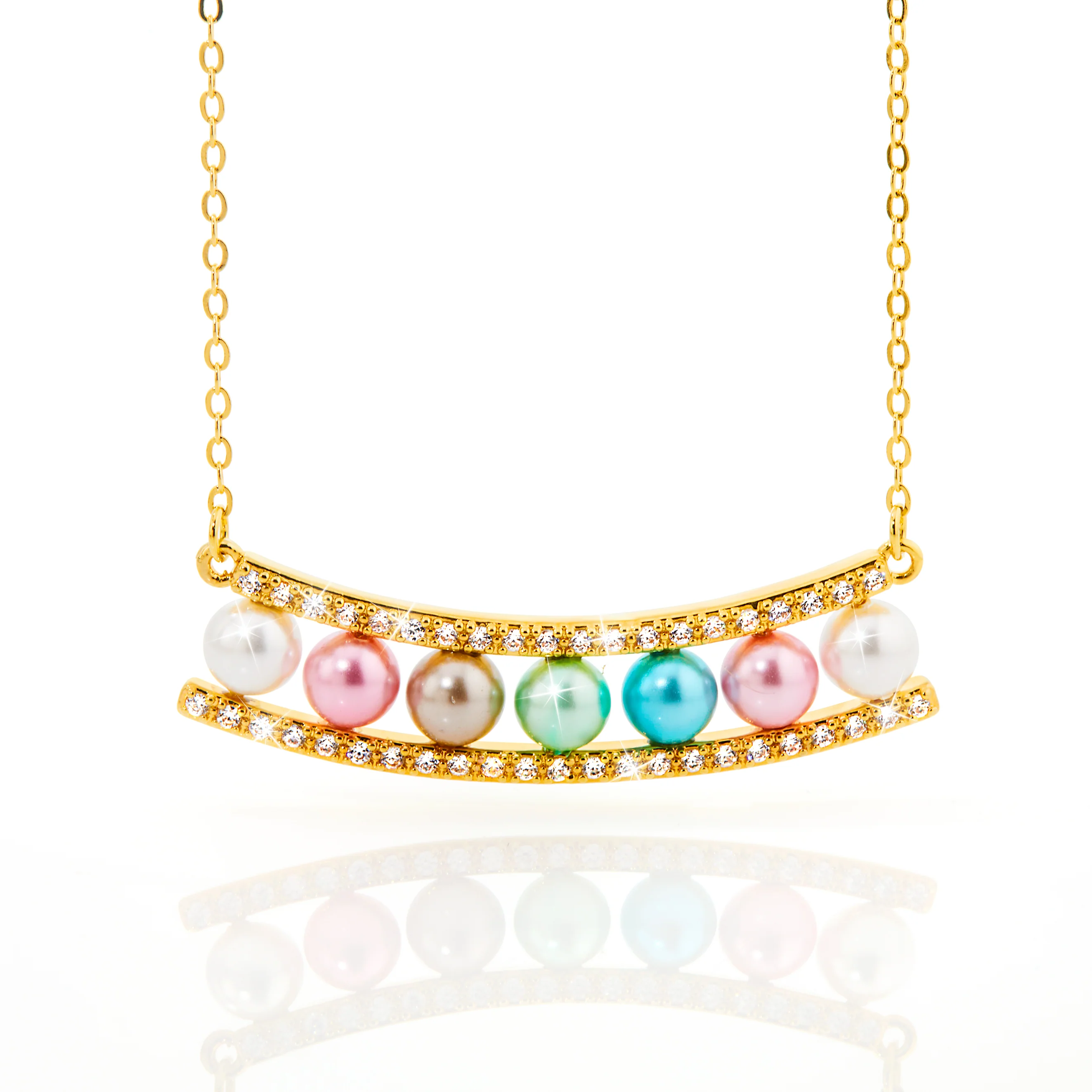 Gold Birthstone Pearl and Clear CZ Bar Necklace - Image 5