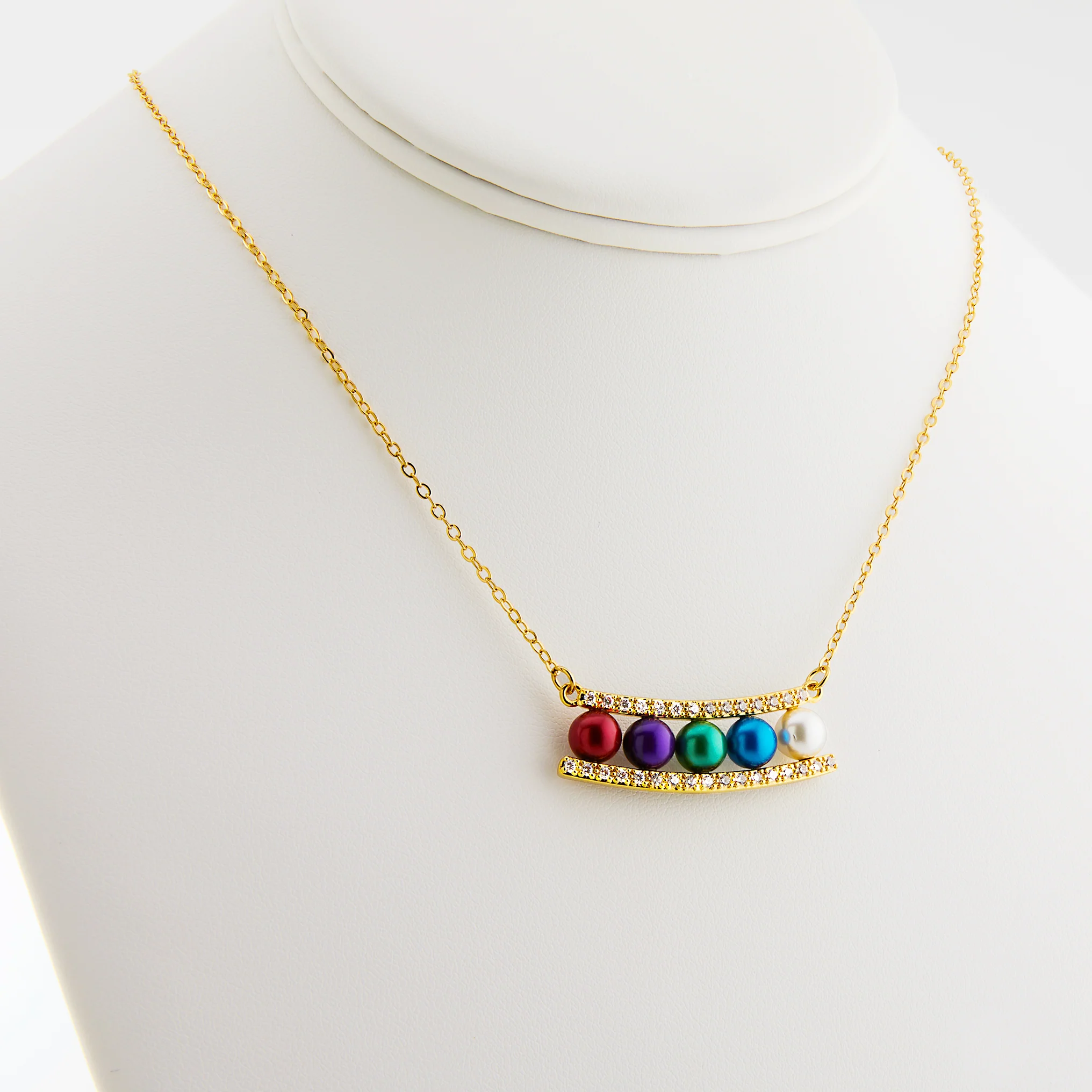 Gold Birthstone Pearl and Clear CZ Bar Necklace - Image 6