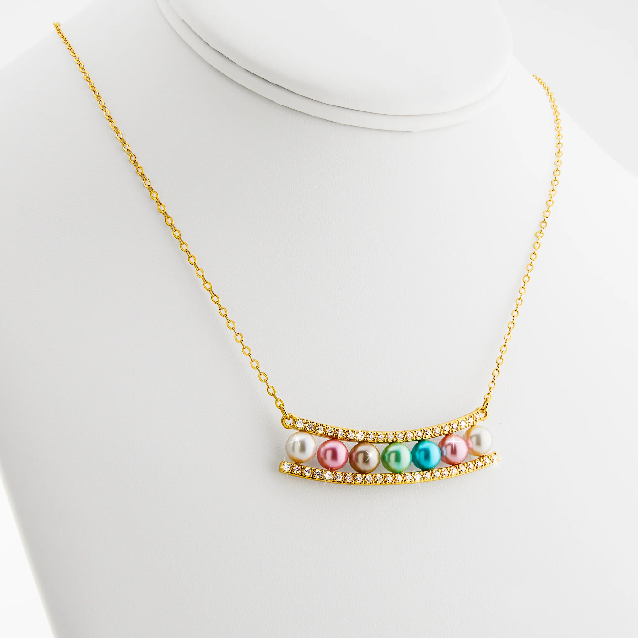 Gold Birthstone Pearl and Clear CZ Bar Necklace - Image 7