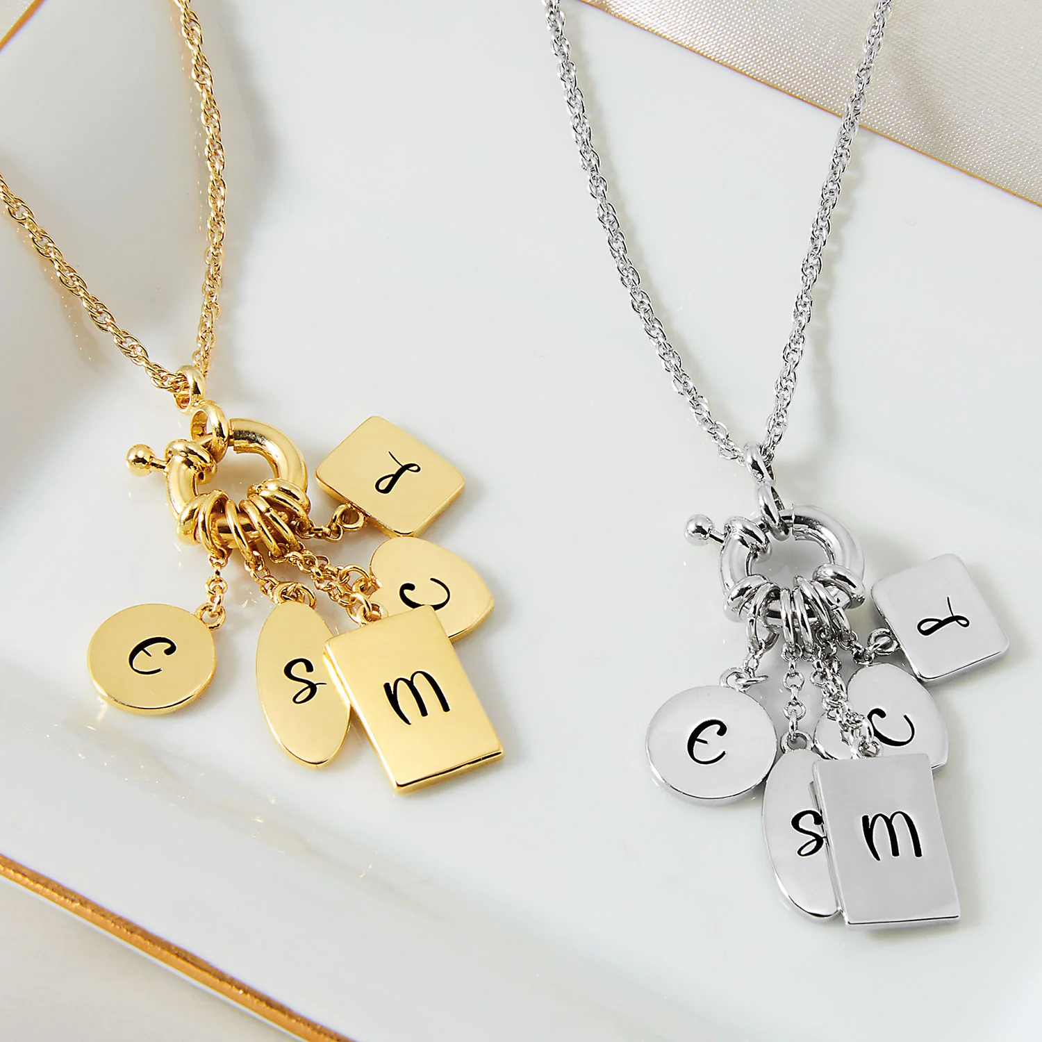 Gold Multishape Engraved Charm Cluster Necklace - 3 to 5 Initials - Image 5