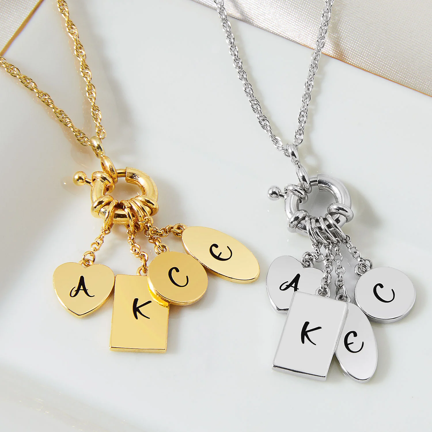 Gold Multishape Engraved Charm Cluster Necklace - 3 to 5 Initials - Image 6