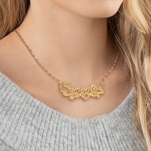 Personalized 14K Gold over Sterling Double Nameplate Beaded Necklace - Image 2