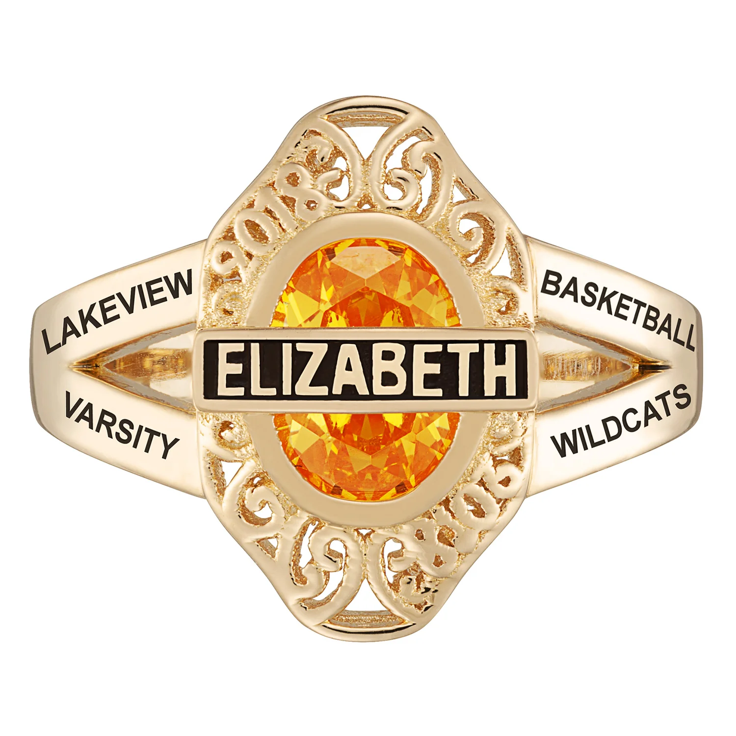 14K Gold over Sterling Bridged Birthstone Class Ring with Filigree Hidden Year - Image 2