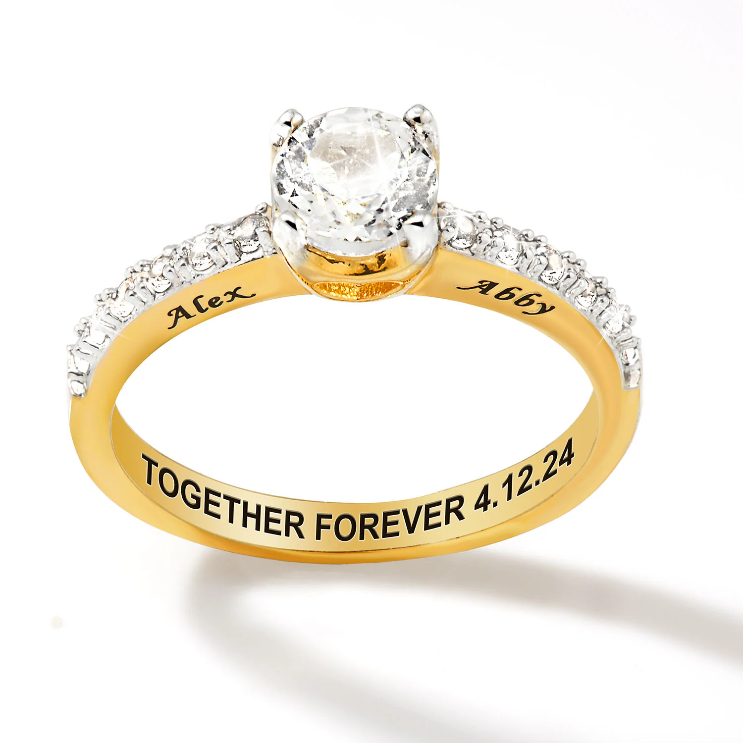 Gold over Sterling Brillant White Topaz Open Heart Engraved Wedding Ring - Image 3