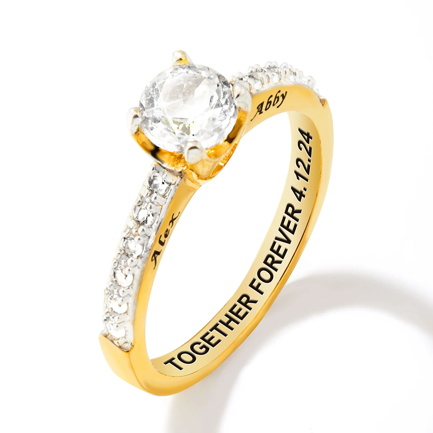 Gold over Sterling Brillant White Topaz Open Heart Engraved Wedding Ring - Image 4