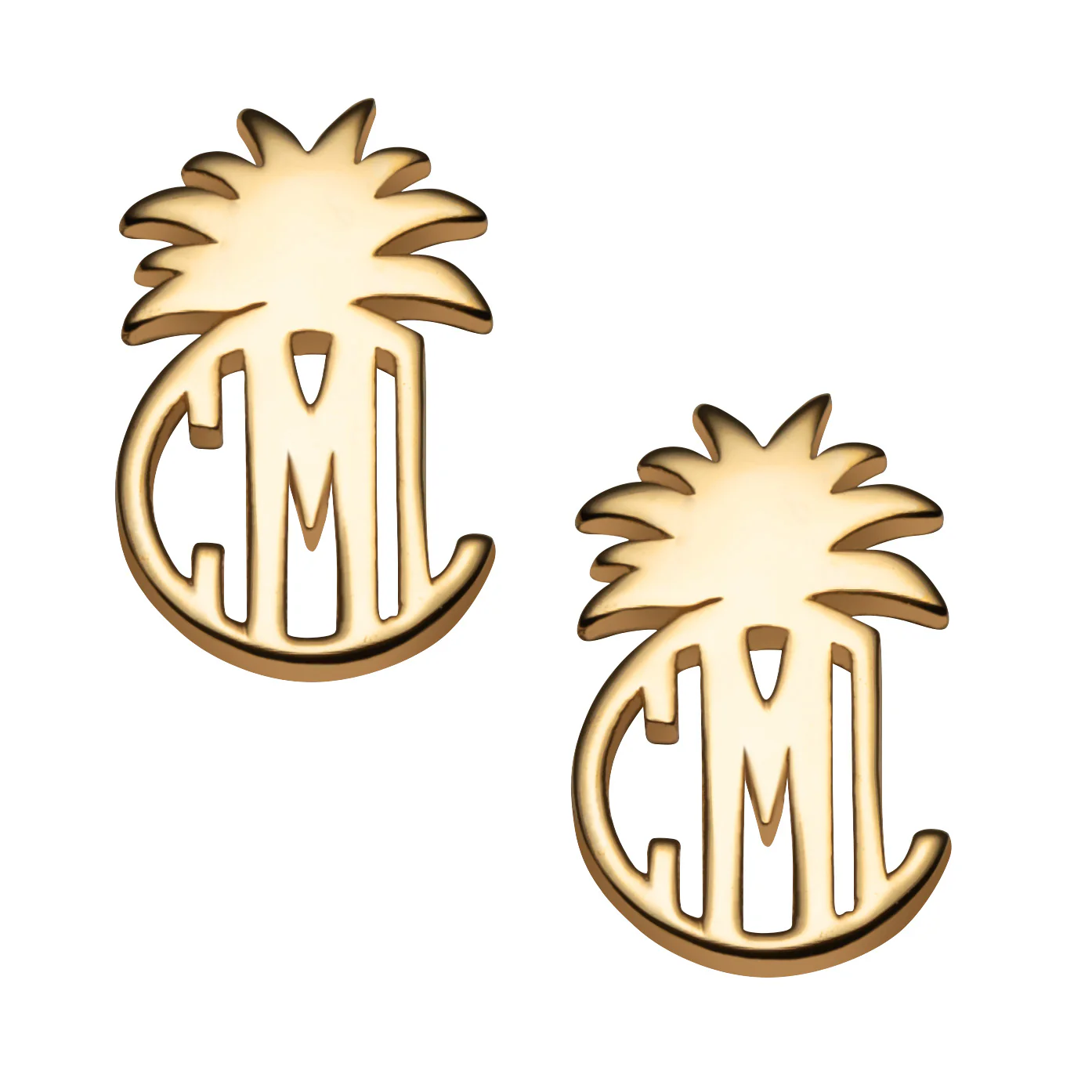 14K Gold over Sterling Circle Monogram with Pineapple Top Button Earring - Image 2