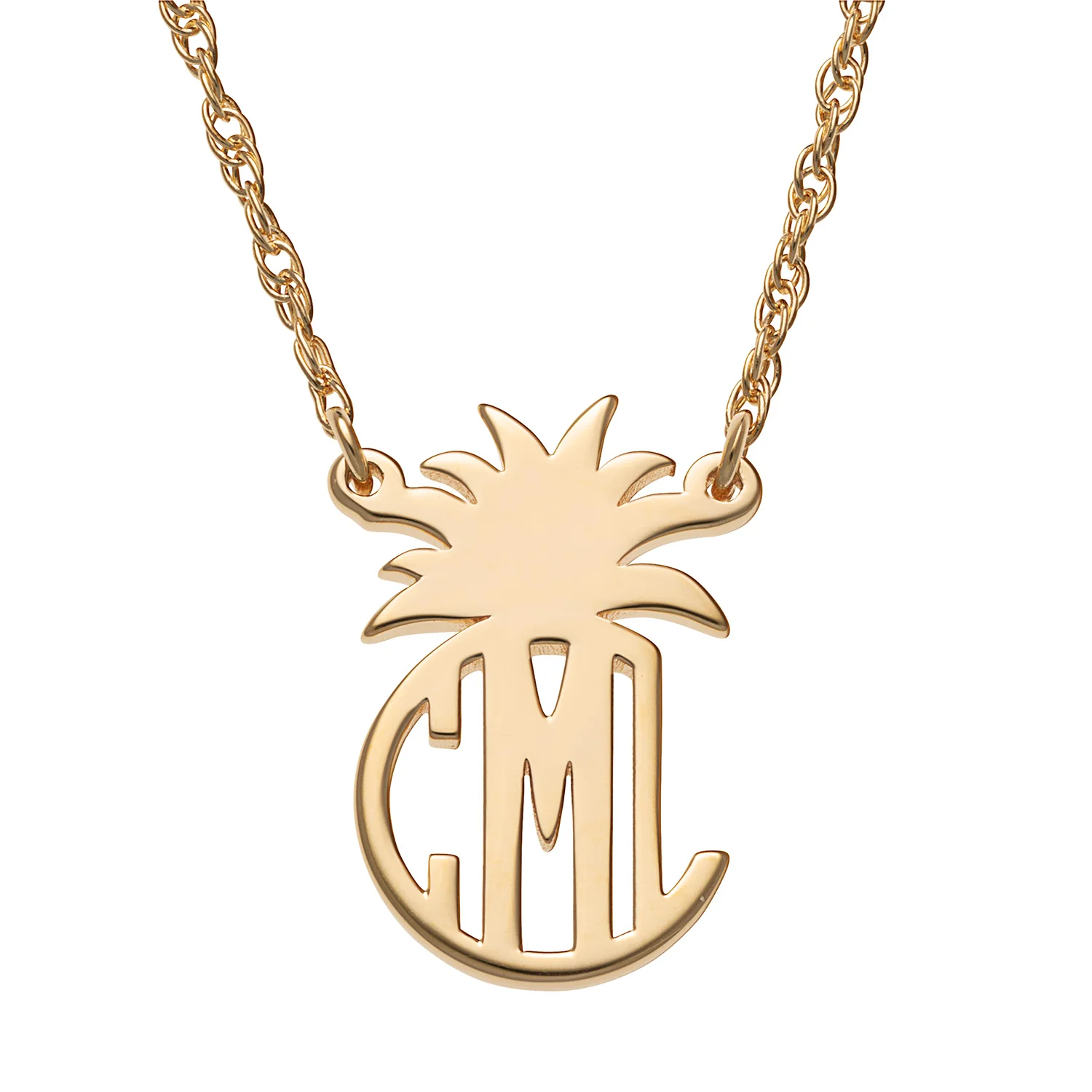 14K Gold over Sterling Circle Monogram with Pineapple Top Necklace