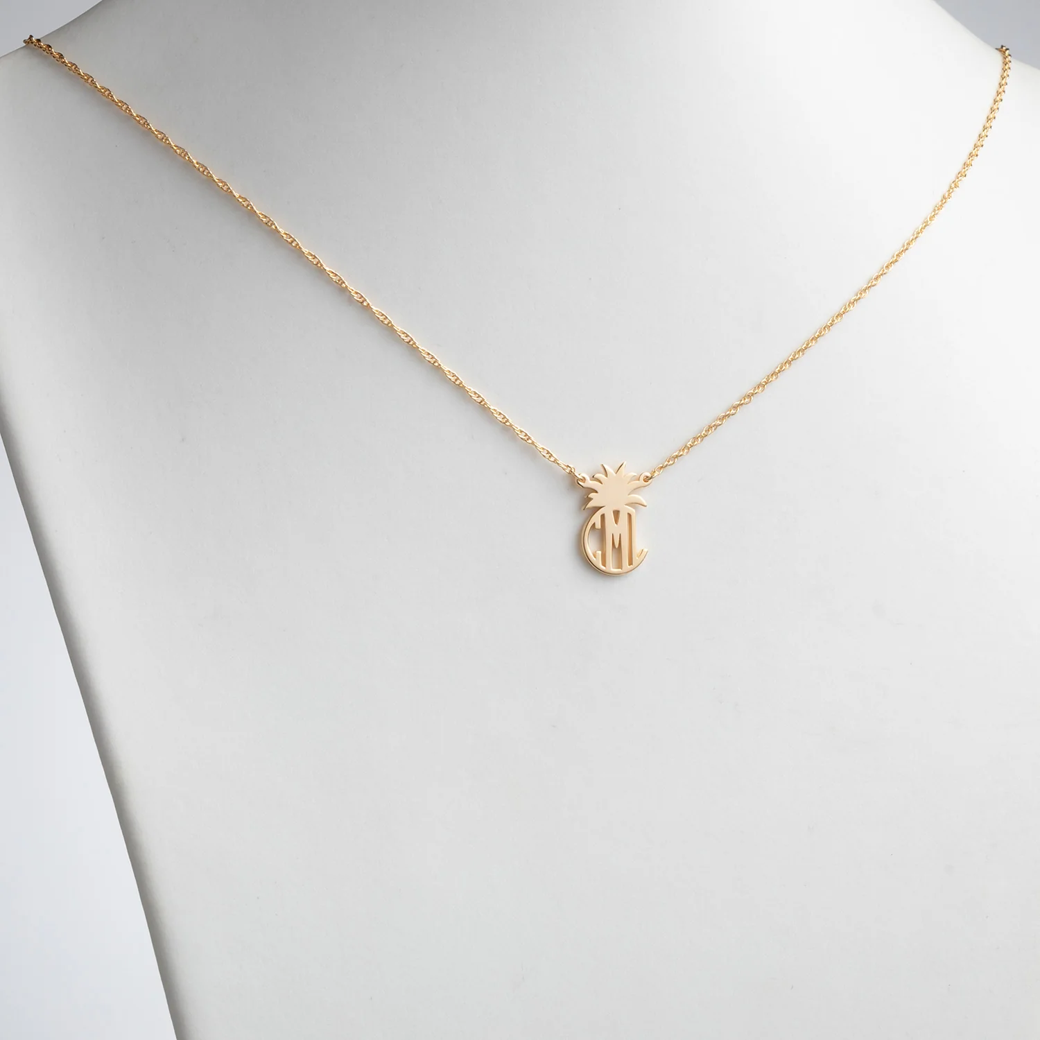 14K Gold over Sterling Circle Monogram with Pineapple Top Necklace - Image 2