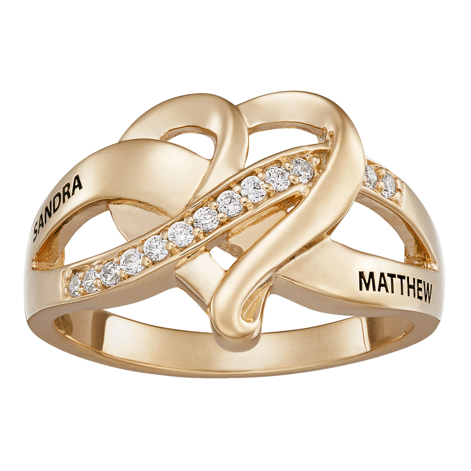 Gold over Sterling Couples Engraved Name Heart CZ Ring