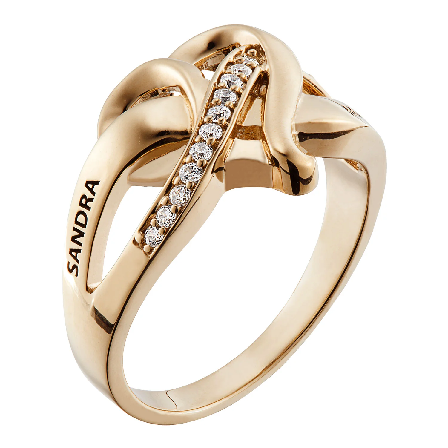 Gold over Sterling Couples Engraved Name Heart CZ Ring - Image 2