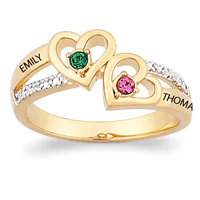 14K Gold over Sterling Couples Genuine Birthstone Hearts Name Ring with Diamond - Image 2