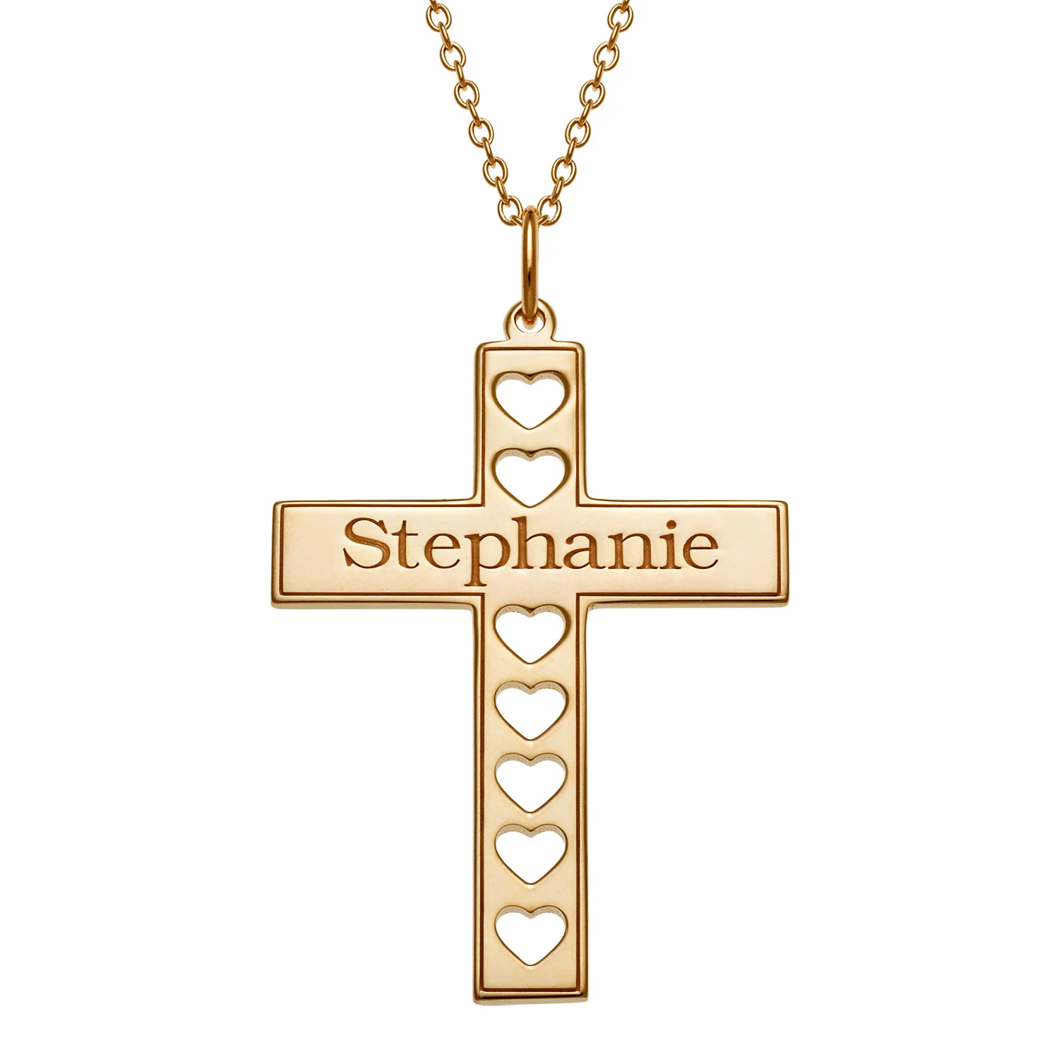 14K Gold over Sterling Cross with Name and Cutout Hearts Necklace