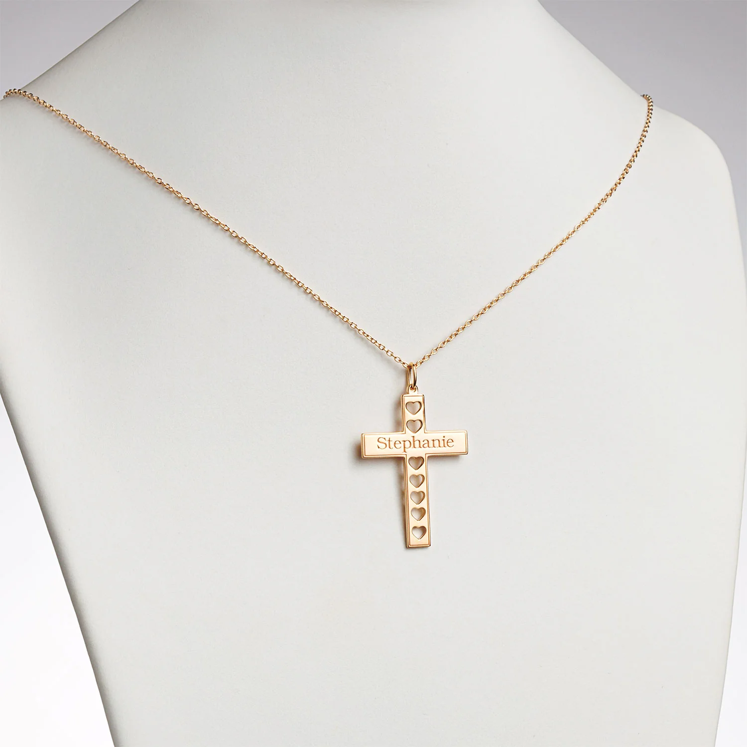 14K Gold over Sterling Cross with Name and Cutout Hearts Necklace - Image 2