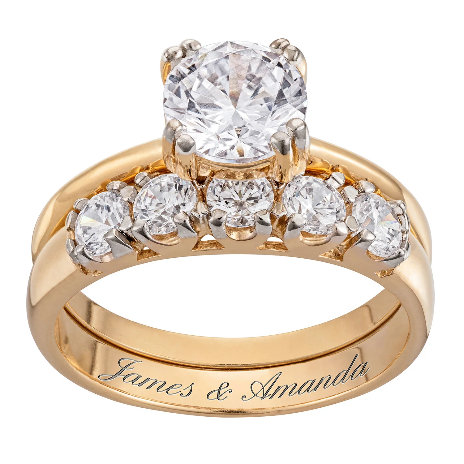 14K Gold over Sterling CZ 2-Piece Engraved Wedding Ring Set - Image 2
