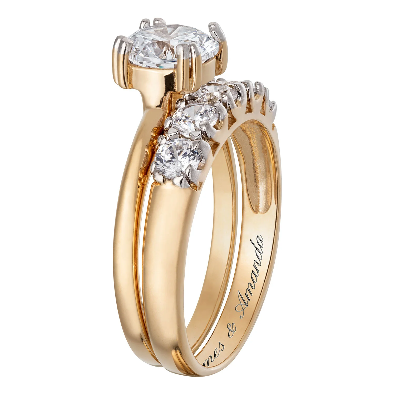 14K Gold over Sterling CZ 2-Piece Engraved Wedding Ring Set - Image 3
