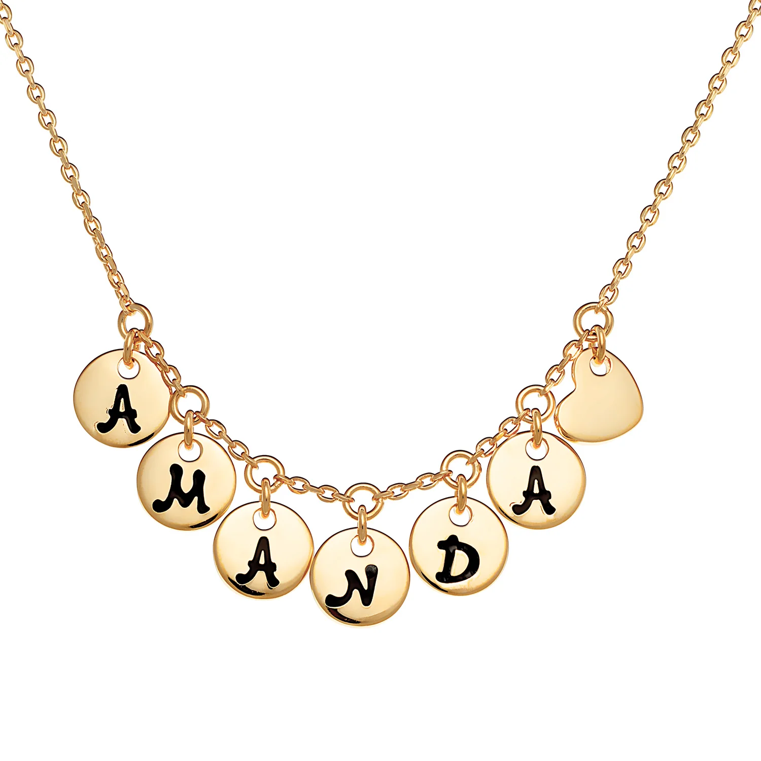14K Gold over Sterling Disc Name with Heart Charm Necklace