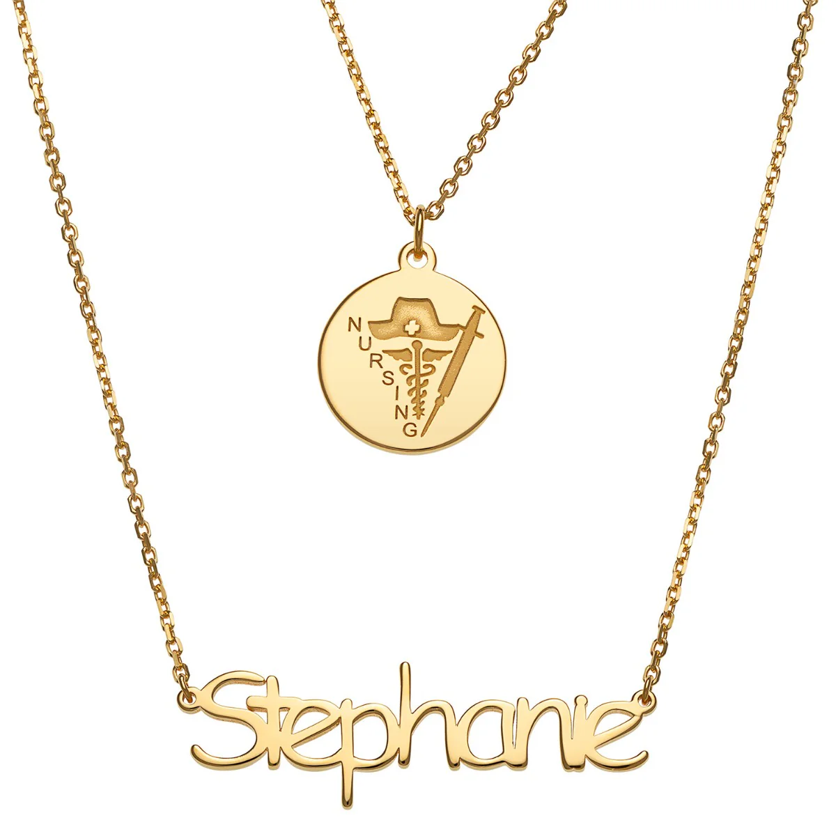 14K Gold over Sterling Double Layered Name and Occupation Necklace - Image 3