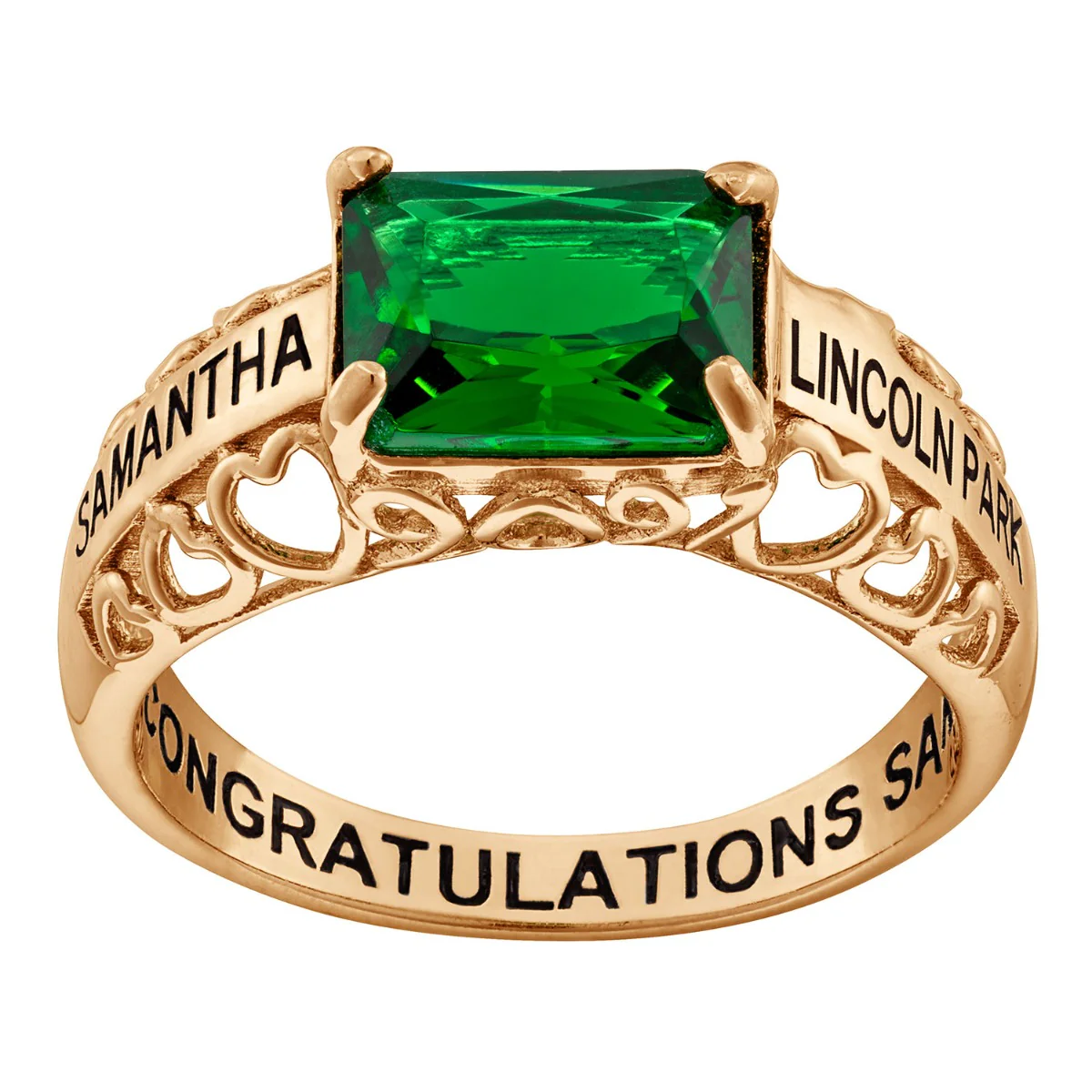 14K Gold over Sterling Emerald-cut Birthstone Class Ring with Filigree Hidden Year
