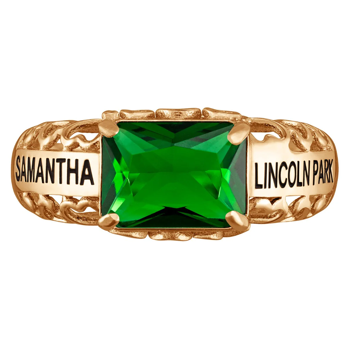 14K Gold over Sterling Emerald-cut Birthstone Class Ring with Filigree Hidden Year - Image 2