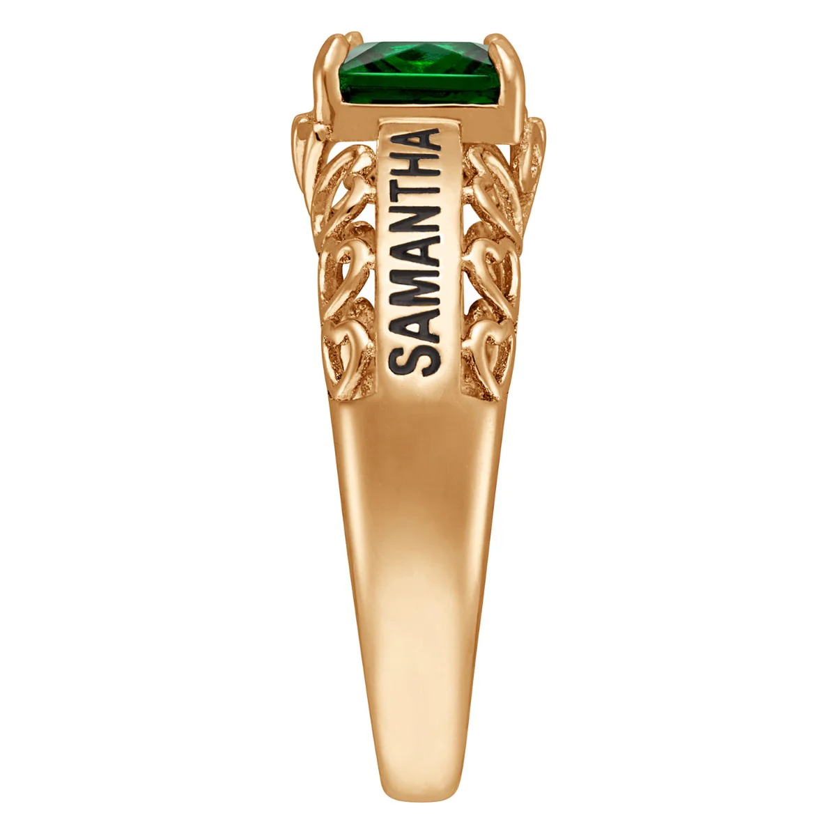 14K Gold over Sterling Emerald-cut Birthstone Class Ring with Filigree Hidden Year - Image 3