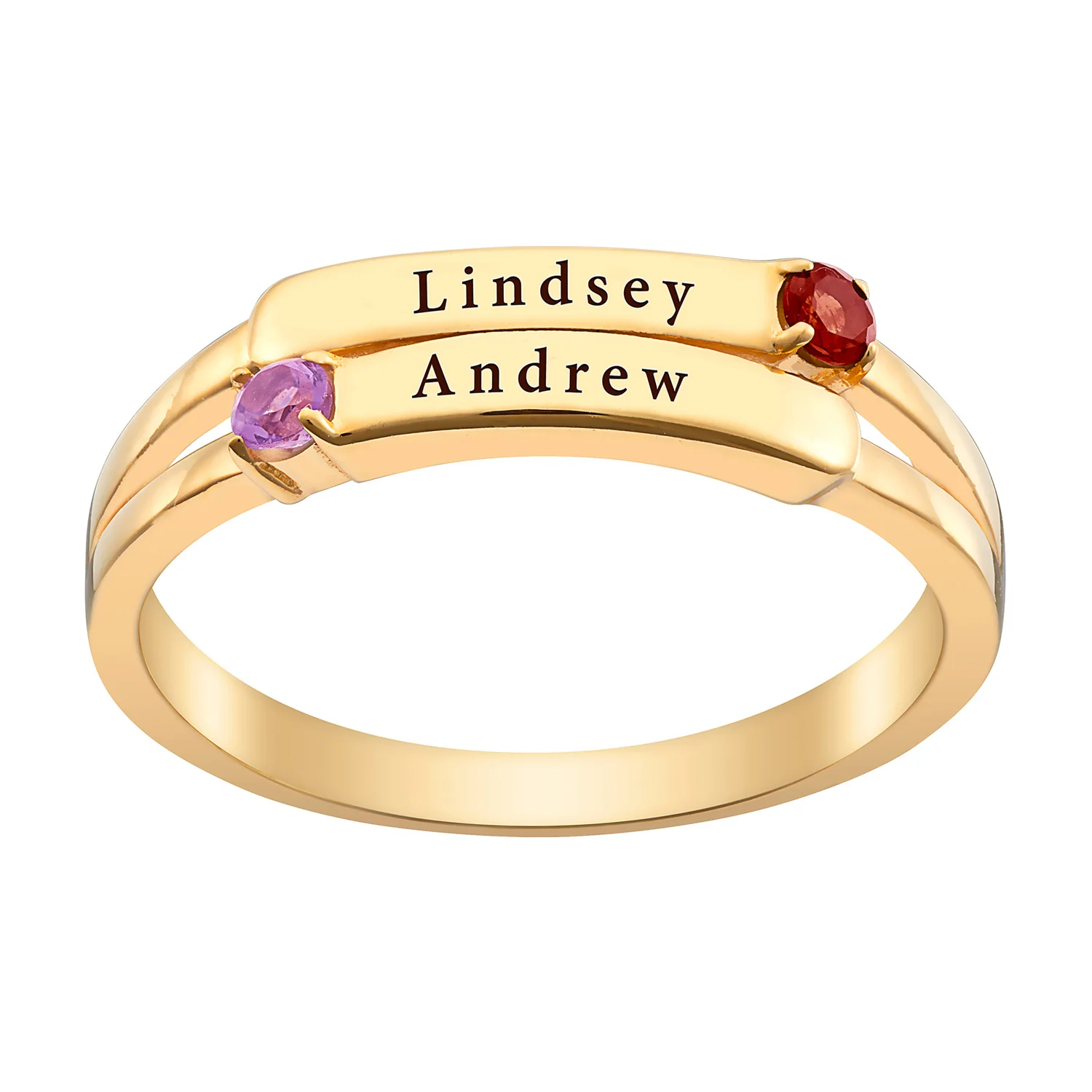 14K Gold over Sterling Engraved Double Name and Genuine Birthstone Ring