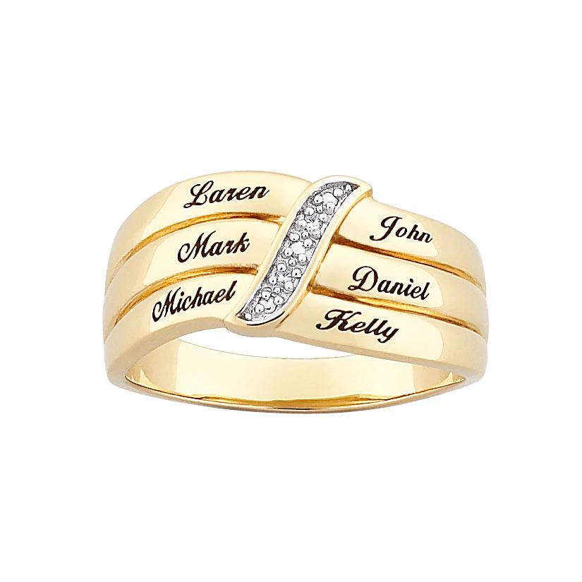 14K Gold over Sterling Engraved Family Diamond Name Ring