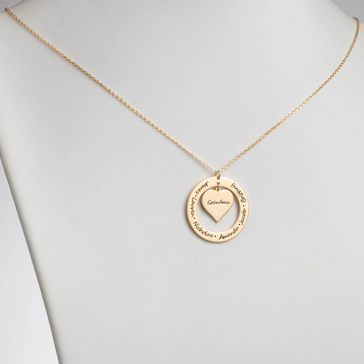 14K Gold over Sterling Engraved Family Name Heart and Circle Necklace - Image 2