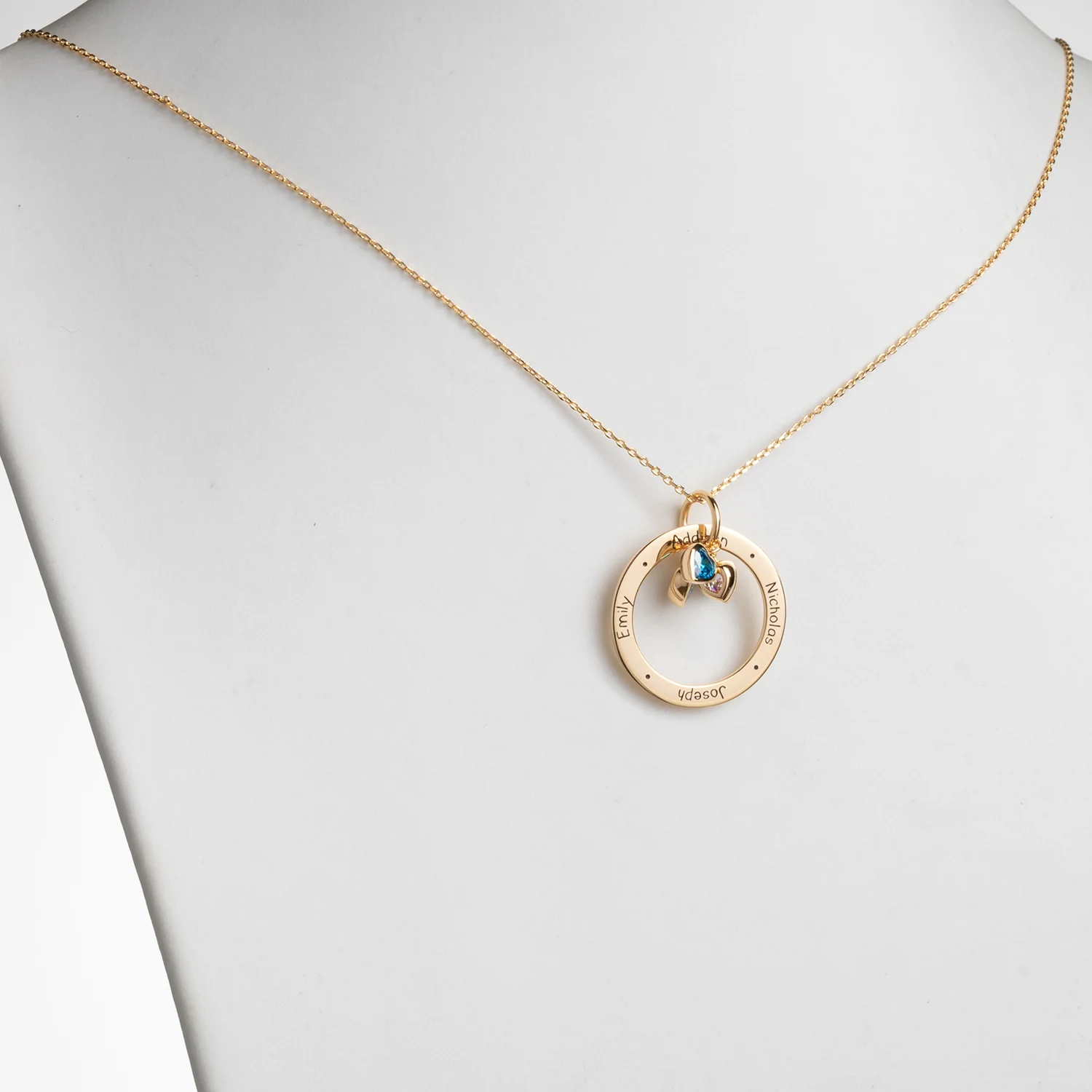 14K Gold over Sterling Engraved Family Names Circle with Heart Birthstones Necklace - Image 2