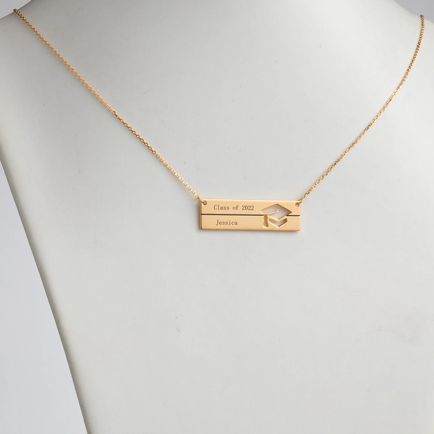 14K Gold over Sterling Engraved Graduation Bar Necklace - Image 2