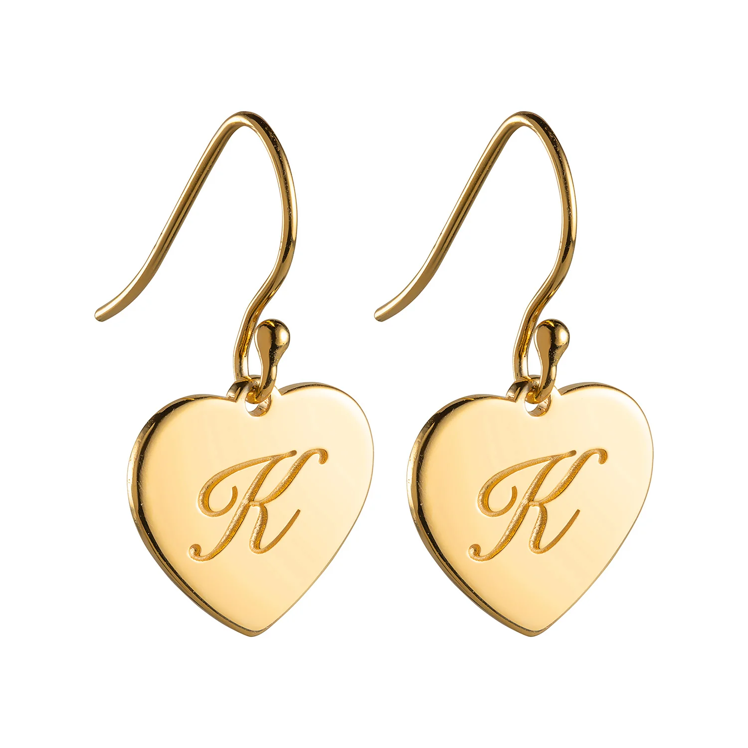 14K Gold over Sterling Engraved Initial Heart Dangle Earrings
