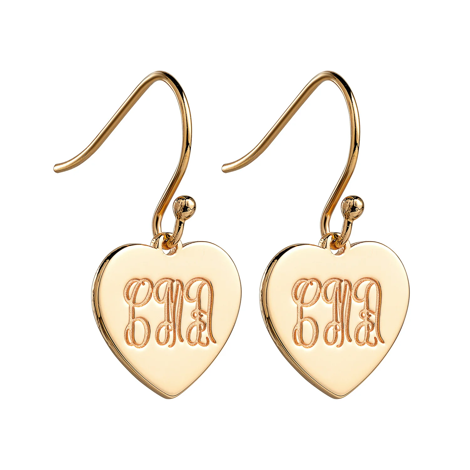 14K Gold over Sterling Engraved Monogram Heart Dangle Earrings
